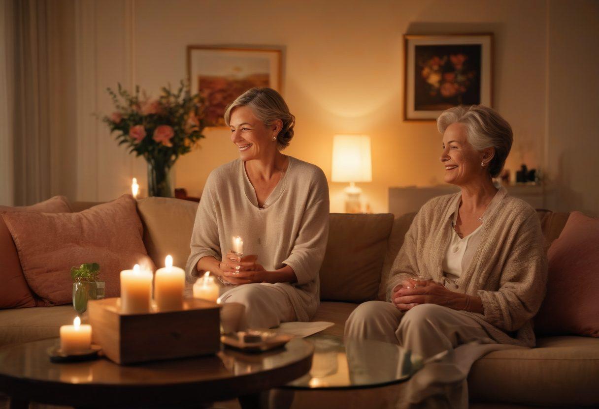 A serene and intimate setting featuring an elegantly designed living room bathed in warm, soft lighting. In the foreground, a couple in their 60s share a laugh while exchanging a meaningful glance, surrounded by tasteful decor and romantic elements like candles and flowers. A subtle depiction of sexual wellness products adds sophistication to the scene. The atmosphere conveys warmth, love, and connection. soft focus. cozy atmosphere. warm colors. vintage style.