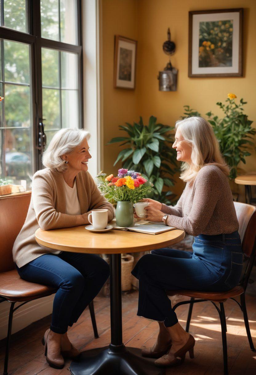 A warm, inviting scene of two mature individuals sharing a cozy coffee date in a quaint café, surrounded by soft natural light and colorful plants. The table features conversation starters like books and a small vase with flowers. Add subtle signs of emotional connection, such as laughter and engaging body language. Emphasize a comfortable ambiance and genuine interactions. super-realistic. vibrant colors. warm tones.